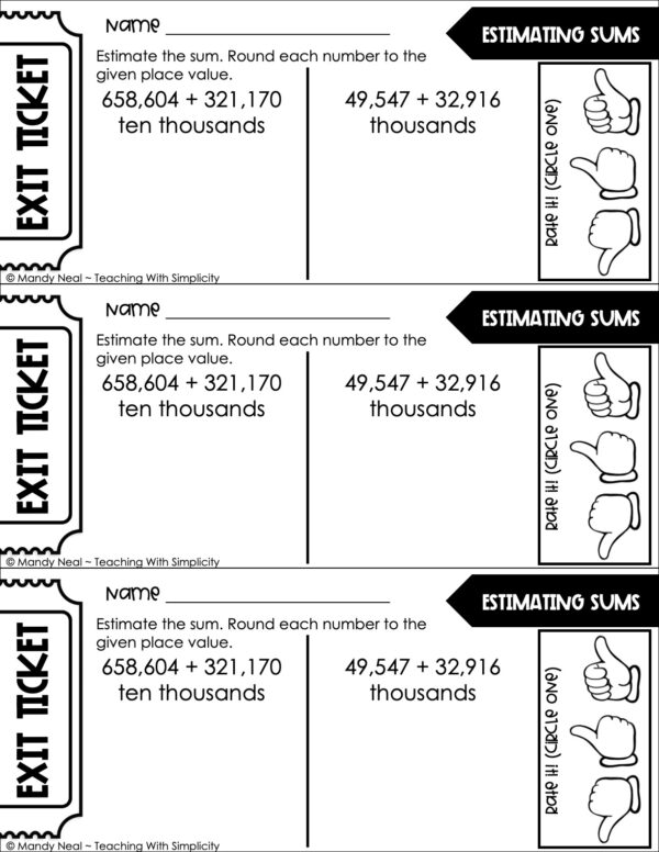 4th Grade Addition and Subtraction – Estimating Sums Exit Ticket 2