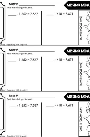 4th Grade Addition and Subtraction – Missing Minuend Exit Ticket 2