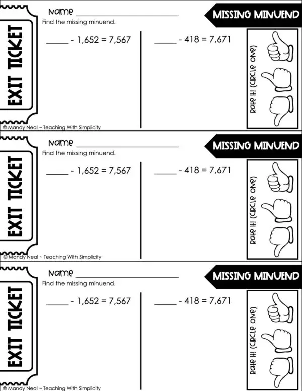 4th Grade Addition and Subtraction – Missing Minuend Exit Ticket 2