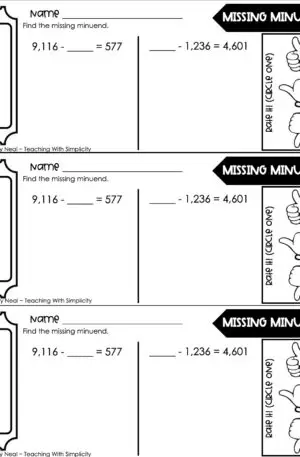 4th Grade Addition and Subtraction – Missing Minuend Exit Ticket 3