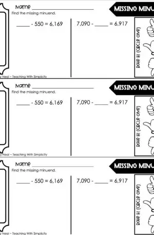 4th Grade Addition and Subtraction – Missing Minuend Exit Ticket 4