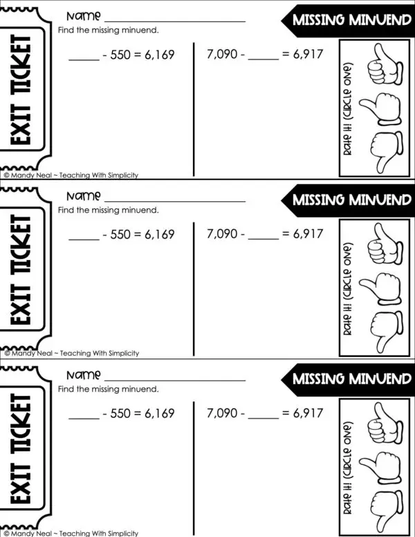 4th Grade Addition and Subtraction – Missing Minuend Exit Ticket 4