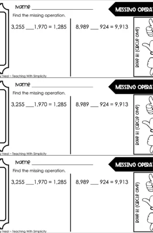 4th Grade Addition and Subtraction – Missing Operation Exit Ticket 1