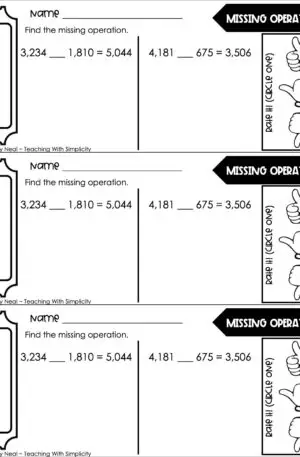 4th Grade Addition and Subtraction – Missing Operation Exit Ticket 2