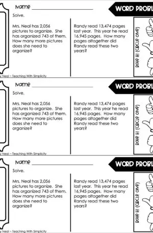 4th Grade Addition and Subtraction – Word Problems Exit Ticket 1