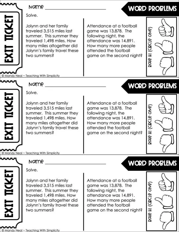 4th Grade Addition and Subtraction – Word Problems Exit Ticket 2