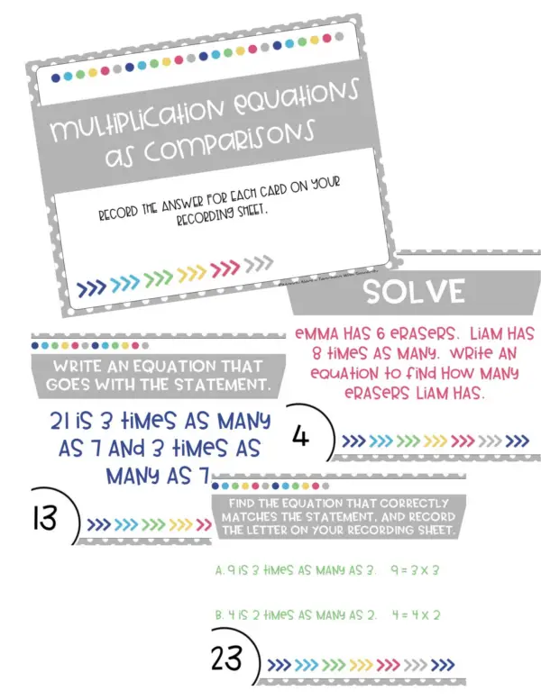 4th Grade Multiplication Equations as Comparisons Task Cards (Printable)