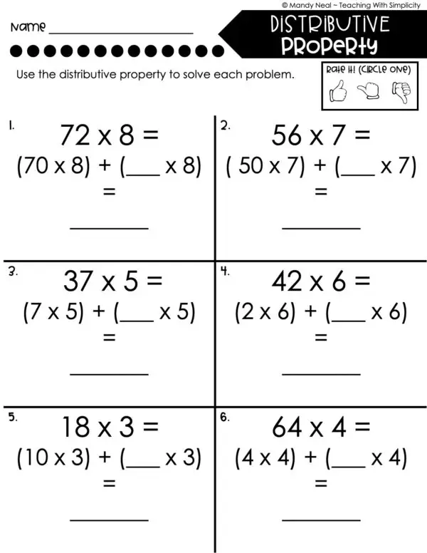 4th Grade Multiplication – Distributive Property Worksheet 1