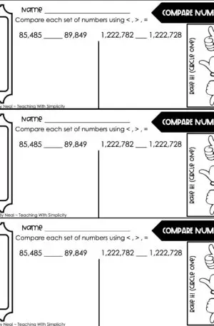 4th Grade Place Value - Compare Numbers Exit Ticket 2