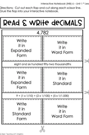 5th Grade Place Value - Read and Write Decimals Interactive Notebook