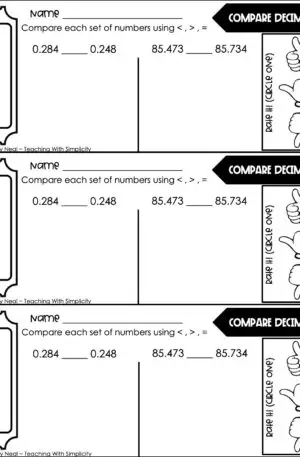 5th Grade Place Value - Compare Decimals Exit Ticket 1