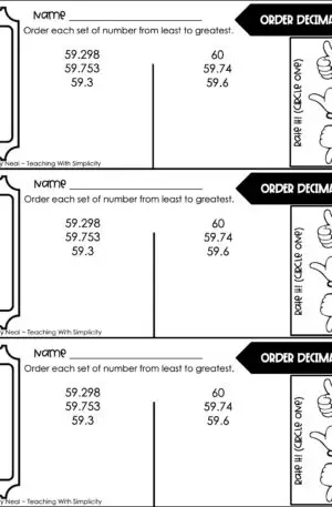 5th Grade Place Value - Order Decimals Exit Ticket 1