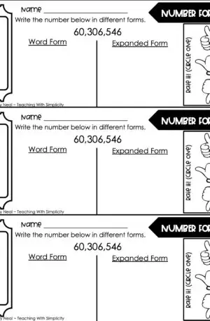 5th Grade Place Value - Place Value Through Millions Exit Ticket 1