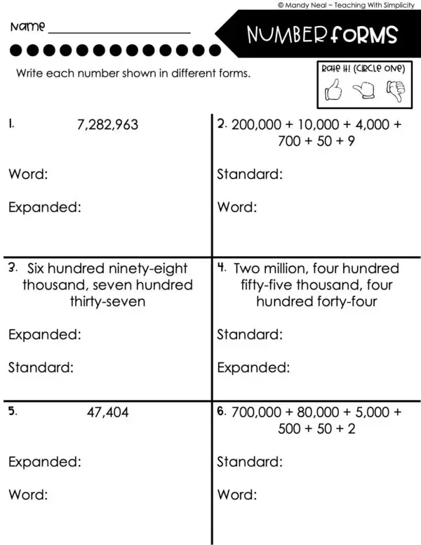 4th Grade Place Value Read and Write Whole Numbers Homework 2