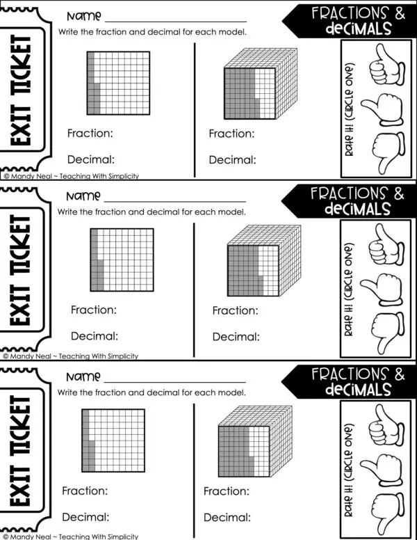 5th Grade Place Value - Model Fractions and Decimals Exit Ticket 1