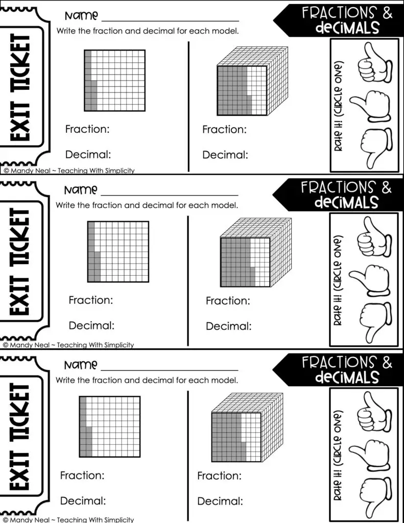 5th Grade Place Value - Model Fractions and Decimals Exit Ticket 1