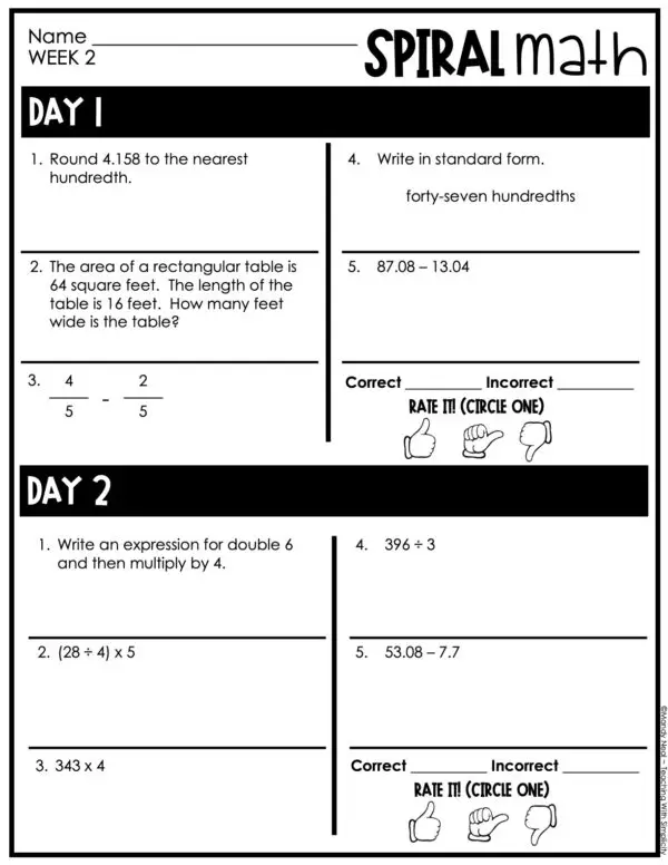 5th Grade 1st Quarter Spiral Math – Week 2 (Printable)