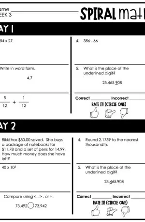 5th Grade 1st Quarter Spiral Math – Week 3 (Editable)