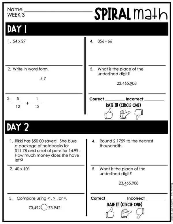 5th Grade 1st Quarter Spiral Math – Week 3 (Printable)