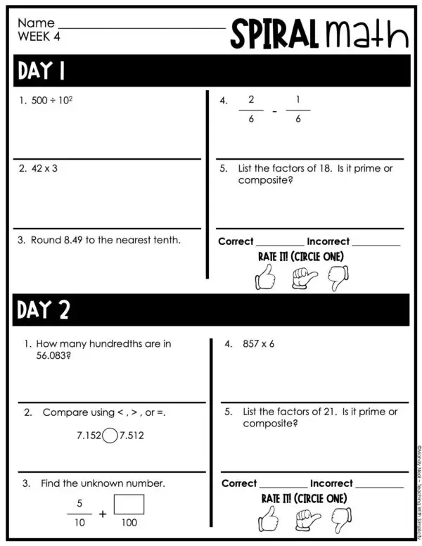 5th Grade 1st Quarter Spiral Math – Week 4 (Editable)