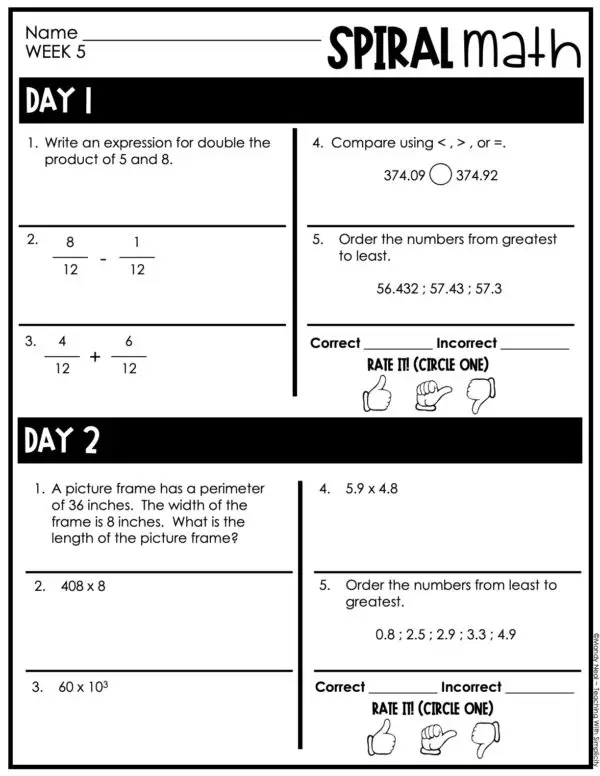 5th Grade 1st Quarter Spiral Math – Week 5 (Editable)