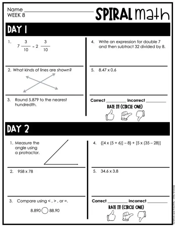 5th Grade 1st Quarter Spiral Math – Week 8 (Editable)