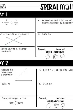 5th Grade 1st Quarter Spiral Math – Week 8 (Printable)