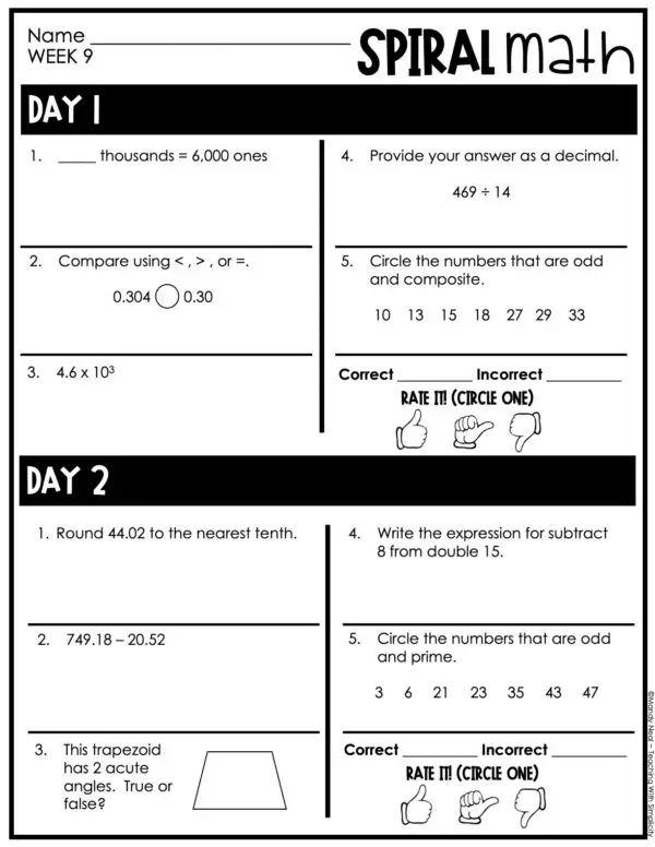 5th Grade 1st Quarter Spiral Math – Week 9 (Editable)