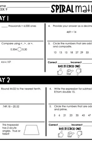 5th Grade 1st Quarter Spiral Math – Week 9 (Printable)