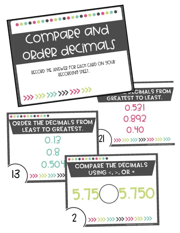 5th Grade Compare and Order Decimals Task Cards (Printable)