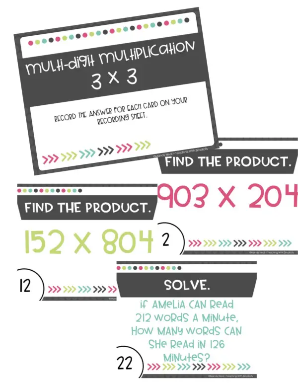 5th Grade Multi-Digit Multiplication 3 x 3 Task Cards (Printable)