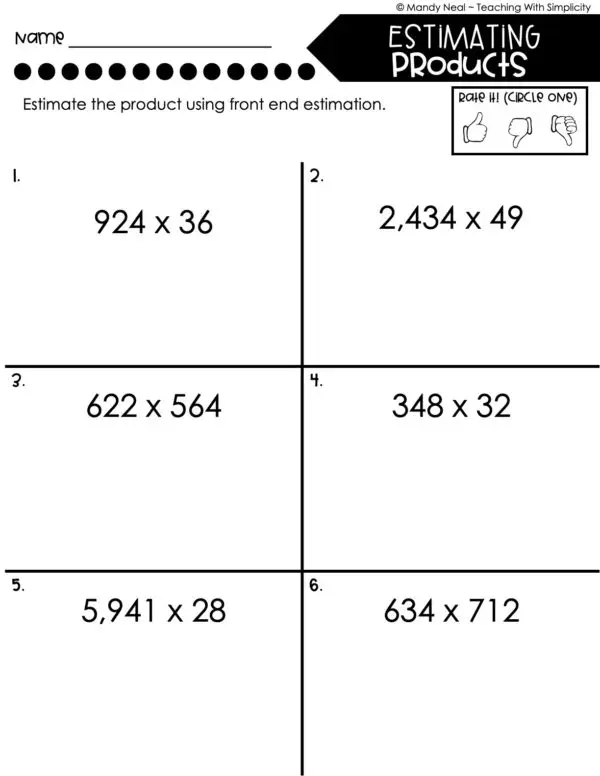 5th Grade Multiplication – Estimating Products Worksheet 1