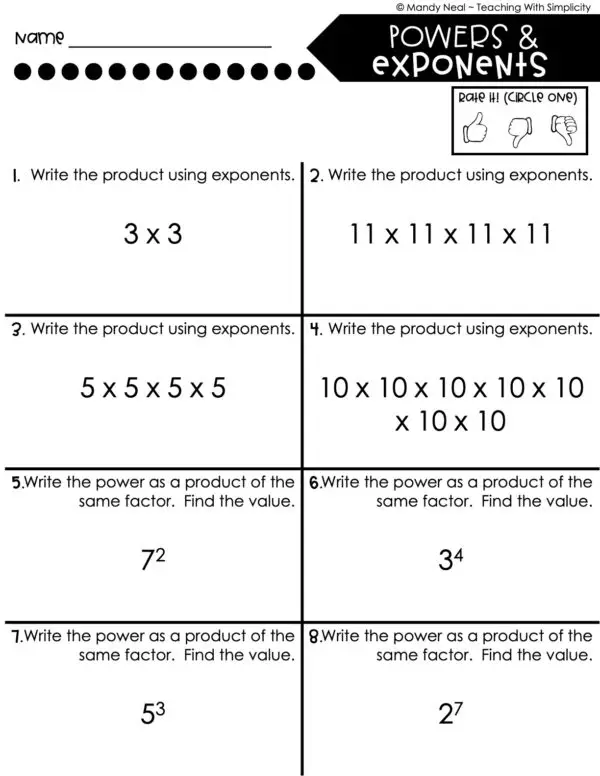 5th Grade Multiplication – Powers and Exponents Worksheet 1