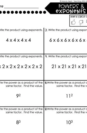 5th Grade Multiplication – Powers and Exponents Worksheet 2