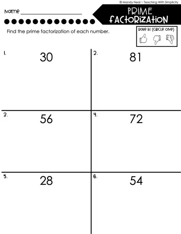 5th Grade Multiplication – Prime Factorization Worksheet 1