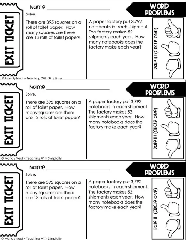 5th Grade Multiplication – Word Problems Exit Ticket 1