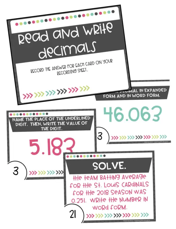 5th Grade Read and Write Decimal Task Cards (Printable)