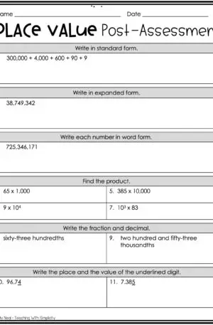 5th Grade Place Value Post Assessment