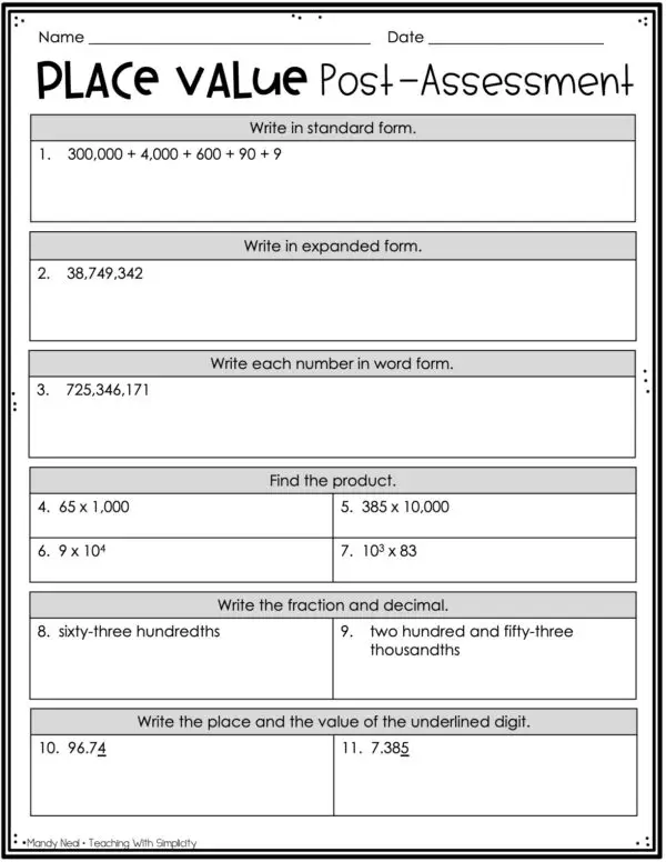 5th Grade Place Value Post Assessment