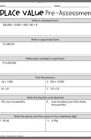 5th Grade Place Value Pre-Assessment