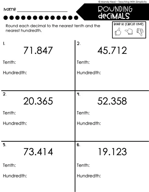 5th Grade Place Value - Rounding Decimals Homework 1