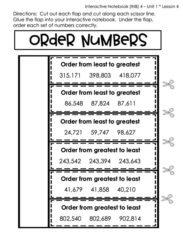 4th Grade Place Value - Order Numbers Interactive Notebook