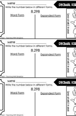 5th Grade Place Value - Read and Write Decimals Exit Ticket 1