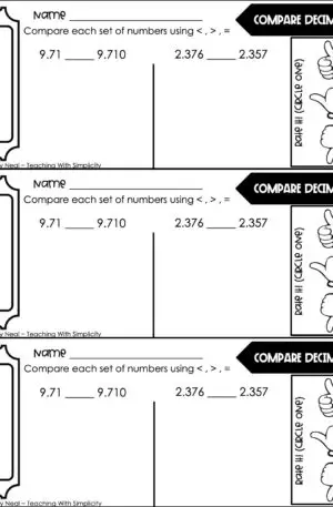 5th Grade Place Value - Compare Decimals Exit Ticket 2