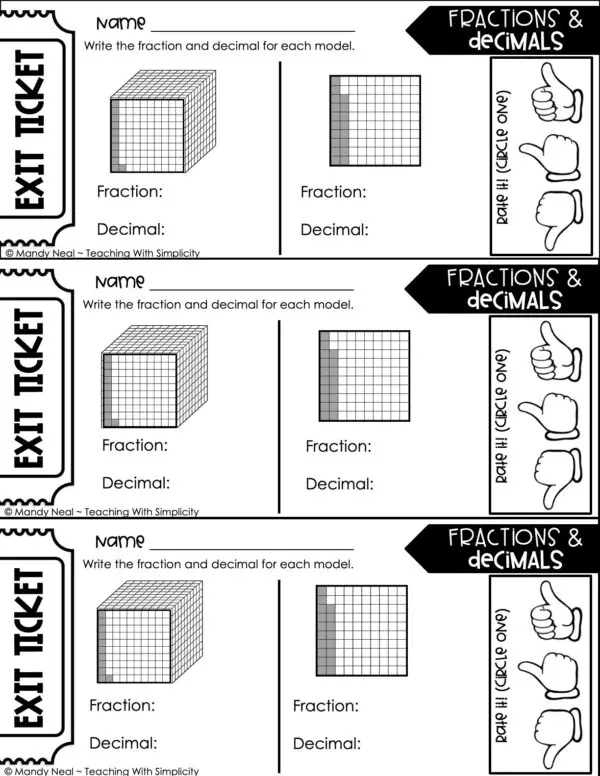 5th Grade Place Value - Model Fractions and Decimals Exit Ticket 2