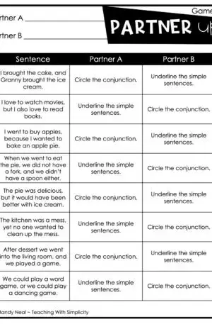 4th and 5th Grade Compound Sentences Partner Game 1