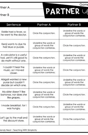 4th and 5th grade Conjunctions Partner Game 1