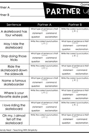 3rd Grade Types of Sentences Partner Game 1