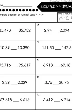 5th Grade Place Value - Compare Decimals Homework 1