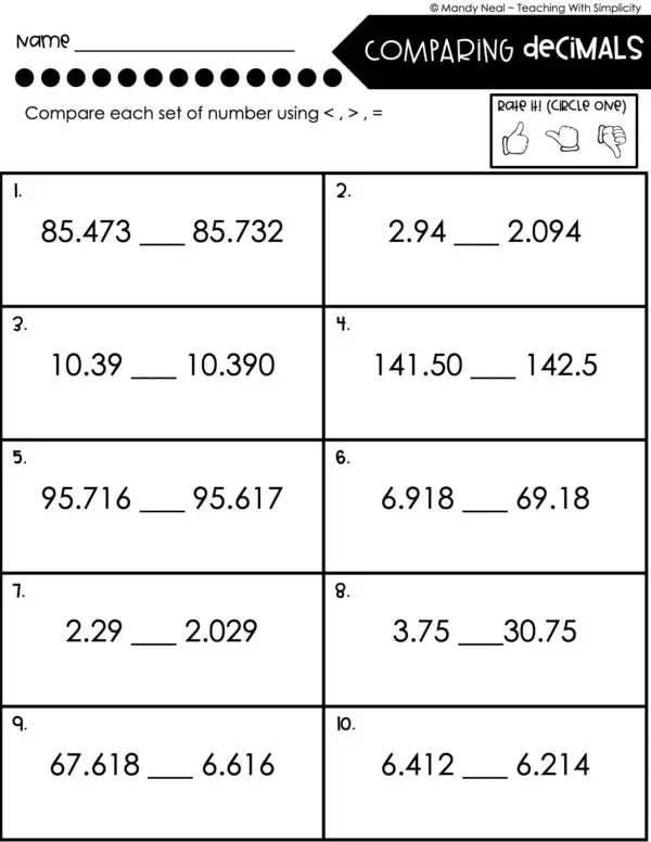 5th Grade Place Value - Compare Decimals Homework 1